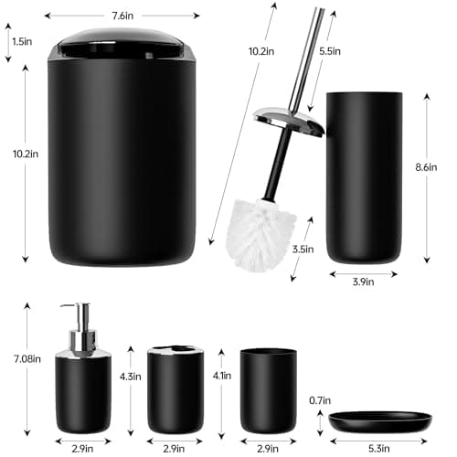 Fun Memories Bathroom Accessories Set 6 Piece Bath Ensemble Includes Toothbrush Holder, Soap Dispenser for Decorative Countertop and Housewarming Gift, Modern Black
