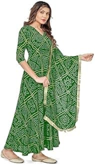 VIHARA THREADS Women's Bandhani Print Anarkali Kurta with Matching Dupatta, Ethnic Indian Wear