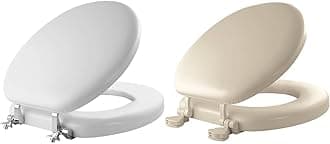 Mayfair 815CP 000 Soft Toilet Seat with Premium Chrome Hinges that will Never Loosen, ROUND, White & Mayfair 15EC 006 Removable Soft Toilet Seat that will Never Loosen, ROUND - Premium Hinge, Bone