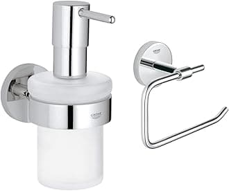 GROHEEssentials Holder with Soap Dispenser Set –, Suitable for Gluing, Chrome, 40448001 & BauCosmopolitan Toilet Paper Holder, Suitable for Gluing, Chrome, 40457001