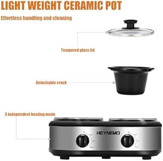 Double Slow Cooker, Buffet Servers and Warmers, Dual 2 Pot Slow Cooker Food Warmer, Adjustable Temp Dishwasher Safe Removable Ceramic Pot Glass Lid, 2 x 1.25 QT Portable Small Crock Cooker