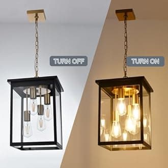 TODOLUZ Outdoor Pendant Light Fixtures, 4-Lights Large Outdoor Ceiling Hanging Lanterns in Black & Brushed Brass, Farmhouse Exterior Chandelier for Front Door Entry Patio