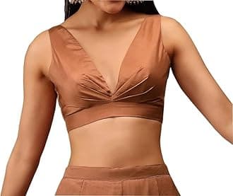 Readymade Indian Bollywood Satin Silk Saree Blouse Women's Solid Plain Top Sleeveless, V-Neckline Sari Choli