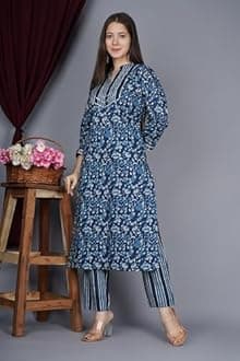 MEERA FAB Women Pink Cotton Printed Kurta with Palazzo & Dupatta Set