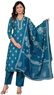 MANHAREE | Women's Cotton Printed Straight Kurta with Pant & Dupatta Set