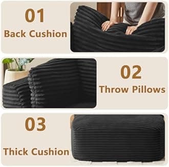 45” Chaise Lounge Chair Indoor, Corduroy Oversized Chaise Lounge with 3 Pillows for Bedroom Living Room, Boneless Chair with Armrest, No Assembly Required (Black)