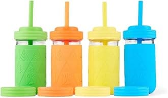 Elk and Friends Kids + Toddler Glass Cups | The Original 12oz Glass Mason Jar with Sleeves + Lids | Silicone Straws + Stopper | Smoothie Cup | Food Storage | Spill Resistant | Dishwasher Safe | 4 Pack