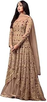 Ready to Wear Indian Pakistani Style Embroidered Koti Salwar Kameez Salwar Suit for Women, Beige-1, Small