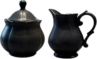 Vintage Embossed Ceramic Creamer and Sugar Bowl Set, Cream Pitcher, Sugar Bowl with Lid, Coffee Serving Set-Black-Creamer Bowl Set