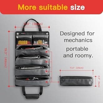 Tool Bag Roll Up, Heavy Duty Tool Organizer for Men Portable Tool Storage Box with 6 Detachable Zipper Pouch - Gifts for Dad Tool Roll Organizer Adjustable Shoulder Strap Black