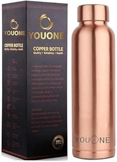 YOUONE 100% Pure Copper Water Bottle Leak Proof for dining (1 LTR) Bottle 1000 ml Bottle (Pack of 1, Copper, Copper)