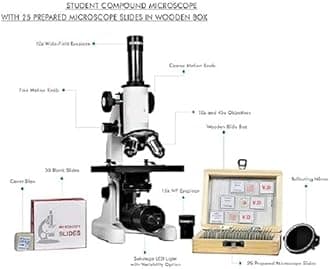 Chemlab Student Compound Biological Microscope with Dual Objective Lenses,LED LAMP,25 Prepared Slides,50 Blank Slides,for School Lab & Home,Microscope Gift for Kids Children Students,40X-1125X Zoom