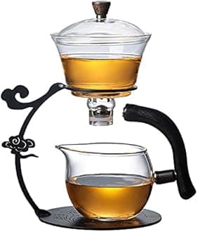 RORAGlass Teapot Set Semi Automatic Drip Rotating with Infuser Lazy Kungfu Tea pot Set (Black)