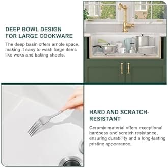 White Farmhouse Sink Farm Kitchen Sink Ledge Workstation White Ceramic Porcelain Fireclay Apron Front Farmer Sink Single Bowl Basin,20"x33"x10",TLAC-0003