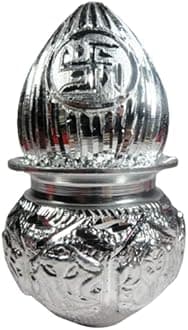 beautiful German silver- finish riddhi siddhi KALASH (purna kumbha) with COCONUT for wealth and prosperity, home and office decoration, gift purposes, pooja ghar, and shops (5 Inches)
