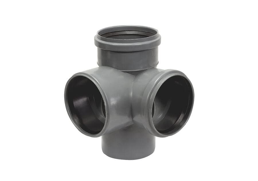 110mm Corner Branch Push-FIT Jointing Fitting, 90 Deg, Ring Seal Soil Pipe, Grey, PVC Plumbing