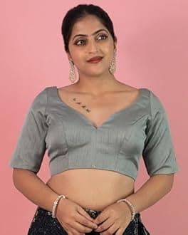 FIGURE'S DESIGNER Women's Dupion Raw Silk Half Elbow Sleeves Sweetheart V Neck Sabyasachi Cut Readymade Saree Blouse S10