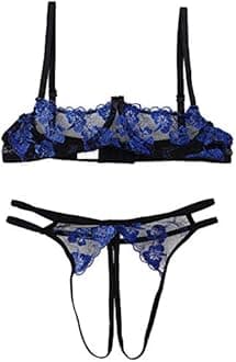 Kaerm Woman's See Through Sheer Lace Lingerie Set 1/4 Cups Underwired Push Up Bra Top with G-String Briefs