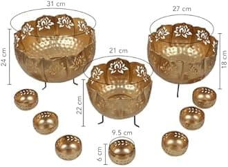 Ekhasa Big Combo Pack Urli Bowl Set with Stand for Home Decor and Decorative Items (Includes 3 Bowls, 3 Stands, 7 Tealight Holders) | Floating Flowers Water Bowl for Diwali Pooja, Festival Decoration