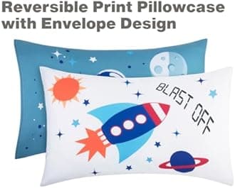 EVERYDAY KIDS 4 Piece Toddler Bedding Set - Outer Space Adventures - Includes Comforter, Flat Sheet, Fitted Sheet and Reversible Pillowcase