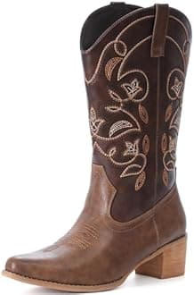 IXU Cowboy Boots For Women Wide Calf Pointy Toe Cowgirl Boots Mid Calf Western Boots