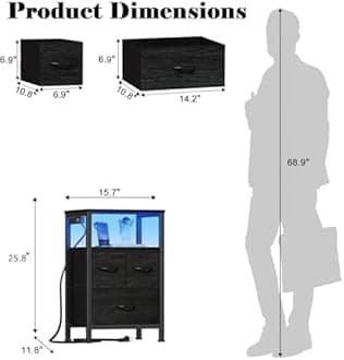 Furnulem Black Bedside Table with Wooden Shelf, Bed Side Table with LED Light and Charging Station, 26" Side Table with 3 Fabric Storage Drawers, Small Stand