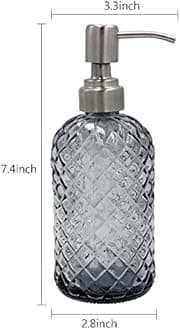 16 oz Diamond Pattern Glass Soap Dispenser, Kitchen and Bathroom Refillable Soap Dispenser with Rust Resistant Stainless Steel Pump for Hand Soap, Lotion Glass Liquid Dispenser(Grey-2pack)