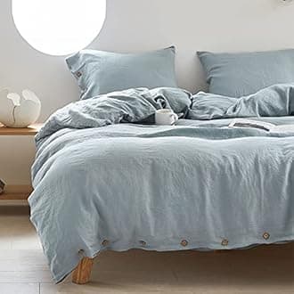 Simple&Opulence 100% Linen Duvet Cover Set with Coconut Button Closure Washed - 2 Pieces (1 Duvet Cover & 1 Pillowcase) Soft Breathable Farmhouse - Dusty Blue, Twin Size