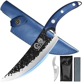 XYJ FULL TANG 8 Inch Stainless Steel Boning Knife Chef Fishing Knives Carry Leather Sheath Outdoor Cooking Knives Meat Butcher Knife For Camping Kitchen or Outdoor BBQ Blues, 8 Inch