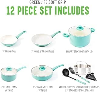 GreenLife Soft Grip Healthy Ceramic Nonstick 12 Piece Cookware Pots and Pans Set, PFAS-Free, Dishwasher Safe, Turquoise
