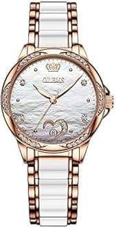 OLEVS Watch for Women Automatic Self Winding Mechanical Ladies Wrist Watch Big face Two Tone Stainless Steel Ceramic Bracelet Heart Diamond Fashion Luxury Ceramic Band Luminous Waterproof…