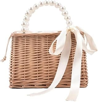 KASTWAVE Straw Beach Bags for Women, Fashion Summer Rattan Woven Wicker Tote Bag with Pearl Ornaments Womens Handbag