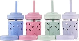 Elk and Friends Kids + Toddler Glass Cups | The Original 8oz Glass Mason Jar with Sleeves + Lids | Silicone Straws + Stopper | Smoothie Cup | Food Storage | Spill Resistant | Dishwasher Safe | 4 Pack