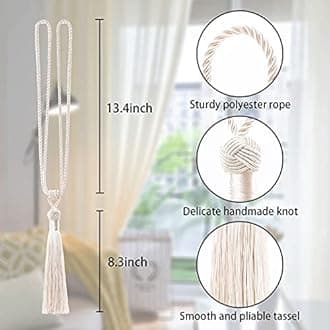 Pretty Jolly 4 Pack Long Tassel Curtain Tiebacks Handmade Braided Rope Knot Drape Tie Backs European Style Decorative Curtain Holdbacks for Home & Office Window Drapery (Beige)