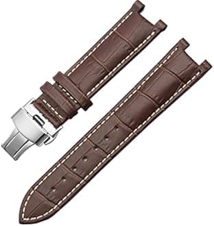GANYUU Genuine Leather Watchband for GC 22 * 13mm 20 * 11mm Notched Strap Withstainless Steel Butterfly Buckle Men and Women Watch Belt (Color : Brown White silv, Size : 20-11mm)