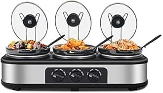 Triple Throw Cooker, 3 x 1.5 Quart Buffet Server and Warmer, 3 Pot Buffet Throw Cooker, Adjustable Temperature Lid Rest Stainless Steel Manual Silver for Party, Holiday, Family