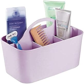mDesign Small Plastic Shower/Bath Storage Organizer Caddy Tote with Handle for Dorm, Shelf, Cabinet - Hold Soap, Shampoo, Conditioner, Combs, Brushes, Lumiere Collection, Light Purple