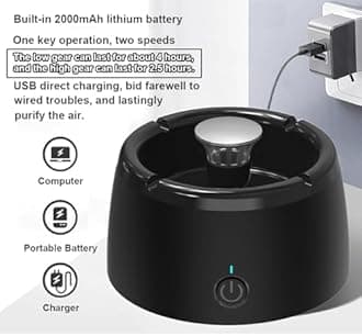Smokeless Air Purifying Ashtray, Modern Stainless Steel, 6"L x 3"W x 6"H, 2-Speed, Portable, USB Rechargeable, Home Office