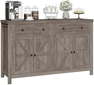 HOSTACK 55" Buffet Sideboard Cabinet with Storage, Modern Farmhouse Coffee Bar with Drawers and Shelves, Barn Door Storage Cabinet for Kitchen, Living Room, Ash Grey