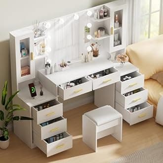 ANWBROAD 59.1" Large Vanity Desk with Mirror & Lights White Makeup Vanity Set with Power Outlet and 8 Drawers 3 Lighting Modes Adjustable Dressing Table for Girl Women Bedroom Dressing Room UBDT67W