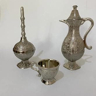 Vintage Metal Turkish Coffee Tea Zamzam Water Pot Drinking Set | Serving Tray, Pot, 6 Cups, Bowl Sets | Mid Century Coffee Teapot Set, Turkish Islamic Decoration (Silver)