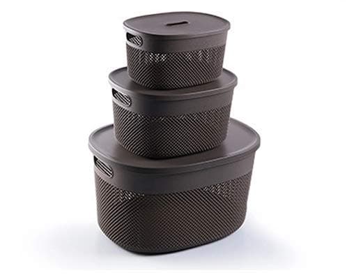 Plastic Storage Box Organizer Basket Bin with Lid for Multipurpose Use (Brown) 3Pcs Set