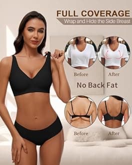 WOWENY Wireless Bras for Women No Underwire Full Coverage Seamless Push Up Bra Comfort Deep V Bralettes with Support