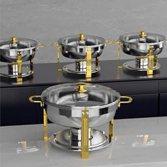 Amhier Chafing Dishes for Buffet, 5 Qt Round Chafing Dish Buffet Set with Glass Lid, Stainless Steel Chafers and Buffet Warmers Sets for Parties, Rolled-Edge Design with Gold and Silver, 4 Pack