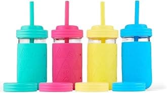 Elk and Friends Kids + Toddler Glass Cups | The Original 12oz Glass Mason Jar with Sleeves + Lids | Silicone Straws + Stopper | Smoothie Cup | Food Storage | Spill Resistant | Dishwasher Safe | 4 Pack