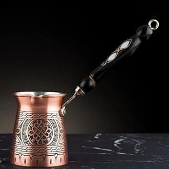 BCS 12oz Copper Turkish Greek Arabic Coffee Pot with Wooden Handle (4 Servings) Sezb Ibric Tin Stove Coffee Maker with Wood Spoon