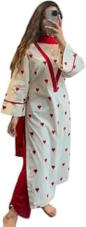 GenericWomen's Heart Print V Neck Kurti with Pants and Dupatta Set