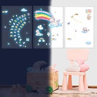 Glow in The Dark Large Rainbow and Unicorn Wall Decals,Glowing Luminous Star Butterfly Wall Stickers Colorful Removable self-Adhesive Rainbow Decals for Girls Bedroom Kids Baby Nursery Living Room