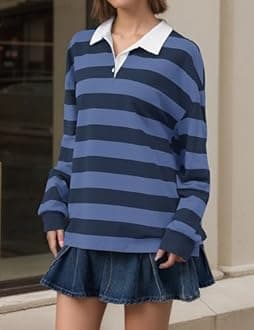 Meladyan Rugby Shirt Women Polo Striped Sweatshirt Oversized Long Sleeve Lapel V Neck Pullover Top Y2K Streetwear Blouses