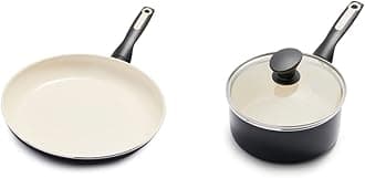 Rio Healthy Ceramic Nonstick 12" Frying Pan Skillet, PFAS-Free, Dishwasher Safe, Black & Rio Healthy Ceramic Nonstick 2QT Saucepan Pot with Lid, PFAS-Free, Dishwasher Safe, Black